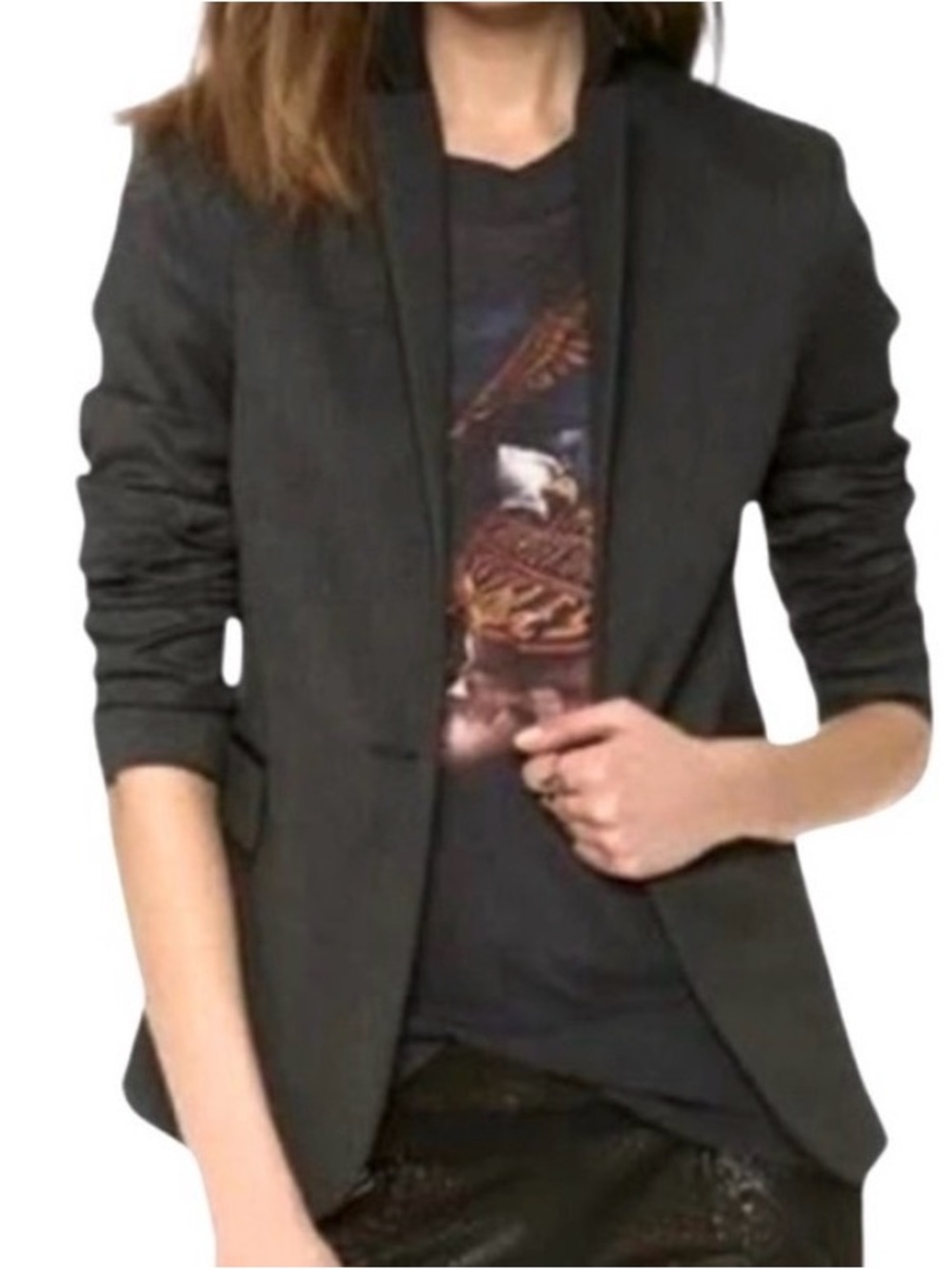 Anine Bing Single Button Blazer | Charcoal Grey with Faux Leather Trim | Size XS - Picture 2 of 9